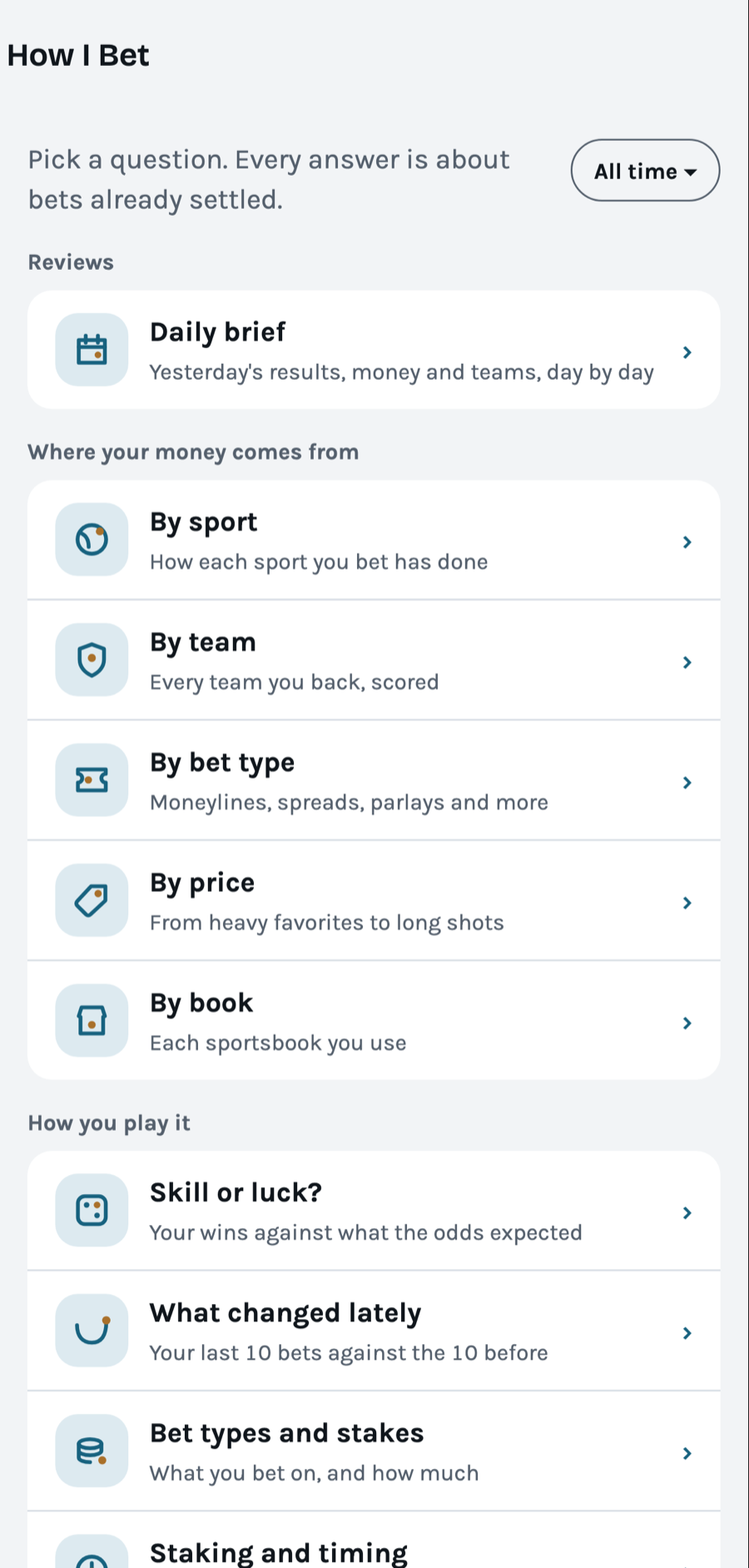 How I Bet: a list of questions about your record, each opening its own page.